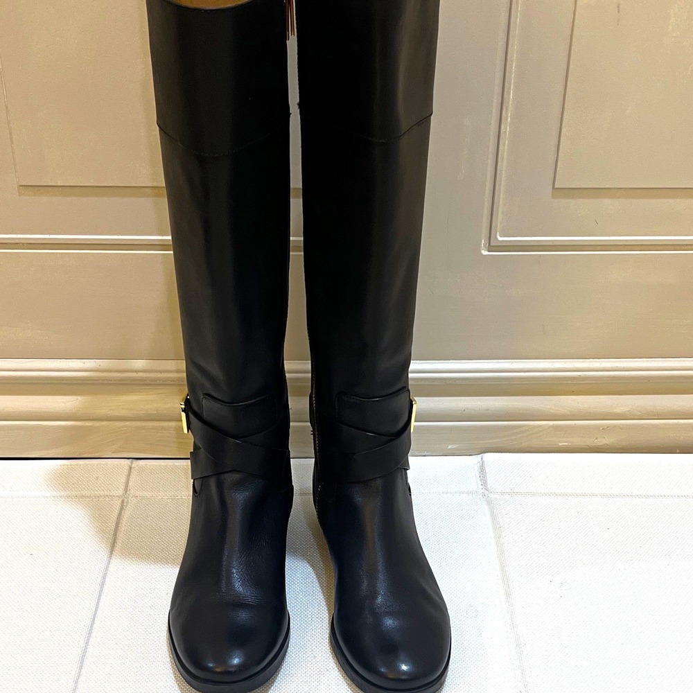 Michael Kors Women's Black Leather Knee High Riding Boot Buckle Pull On US 6.5 M